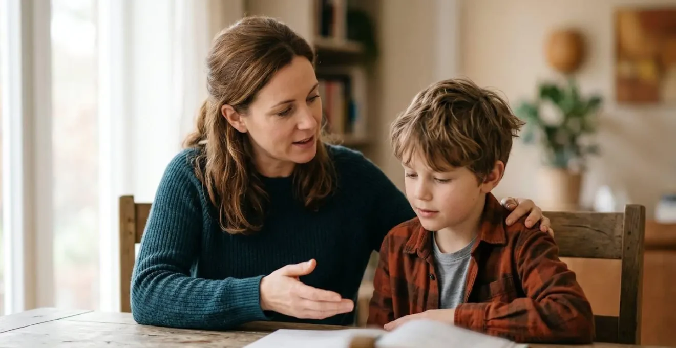 Parent and child navigating digital content choices together in a thoughtful collaborative setting