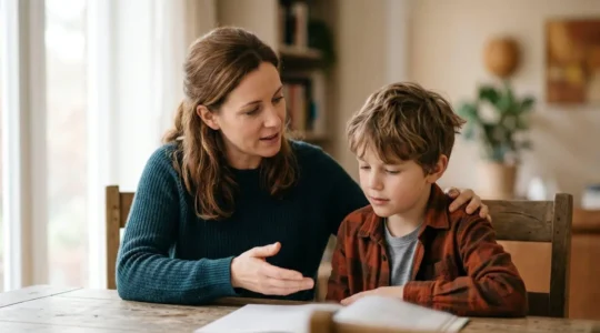 Parent and child navigating digital content choices together in a thoughtful collaborative setting