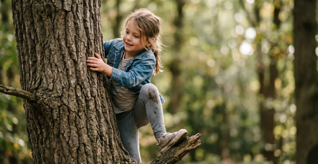 Child carefully testing tree branch strength while climbing in natural forest setting