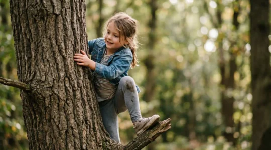 Child carefully testing tree branch strength while climbing in natural forest setting