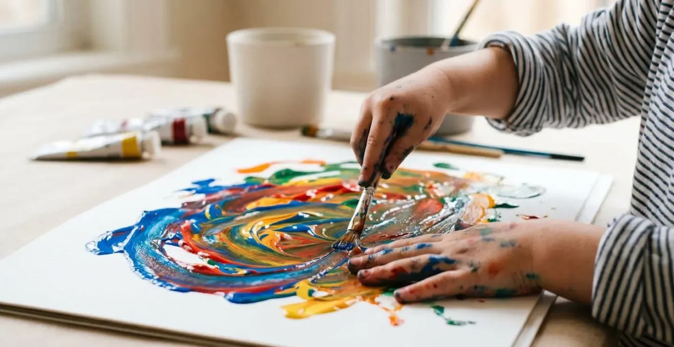 Close-up of a child's hands creating vibrant abstract art with paint, expressing emotions through colors and textures