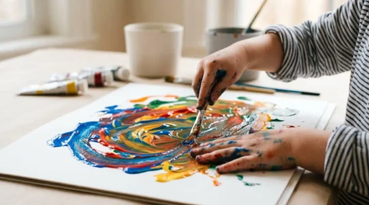 Close-up of a child's hands creating vibrant abstract art with paint, expressing emotions through colors and textures