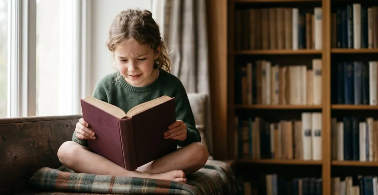 A child deeply engaged in reading a chapter book, demonstrating sustained attention and focus in a calm environment