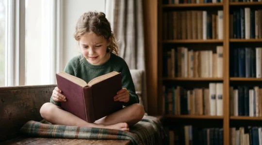 A child deeply engaged in reading a chapter book, demonstrating sustained attention and focus in a calm environment