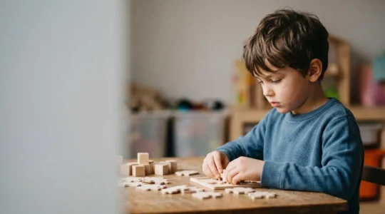 A young child sitting at a desk with focused expression while subtle environmental distractions fade into soft background blur