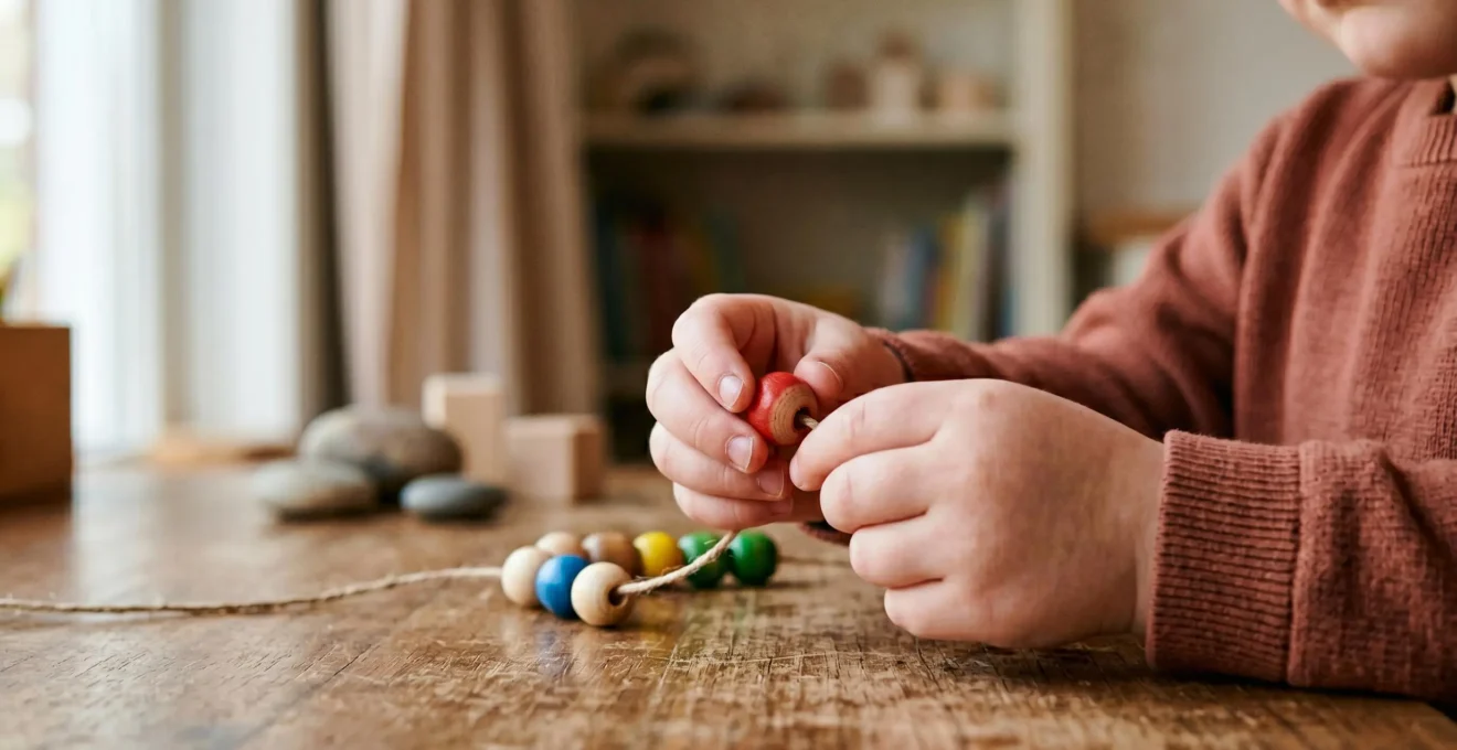 Close-up of young child's hands carefully manipulating small objects, demonstrating fine motor skill development