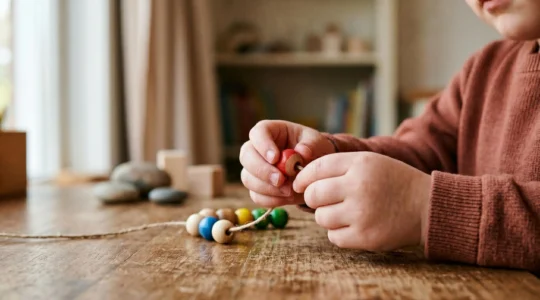 Close-up of young child's hands carefully manipulating small objects, demonstrating fine motor skill development