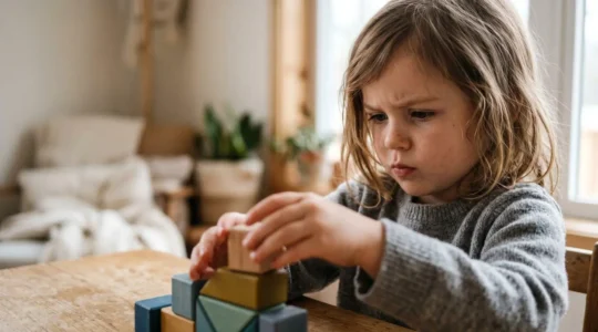Young child engaged in focused repetitive learning activity, illustrating neural pathway development through repeated experiences