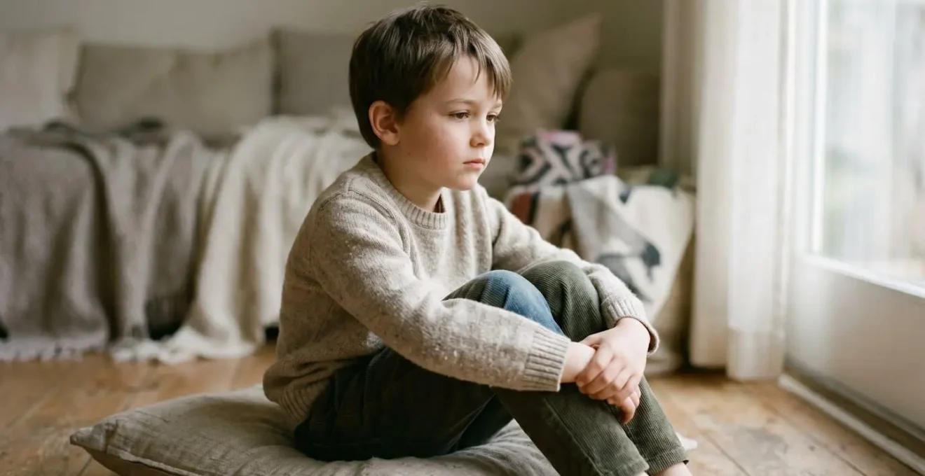 A child sitting in soft natural light, showing a contemplative expression that captures the complexity of childhood emotional experiences