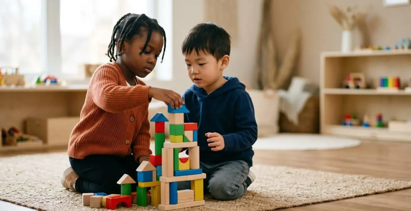 Two young children working together on a shared building project, demonstrating collaborative play and teamwork skills
