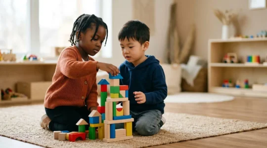 Two young children working together on a shared building project, demonstrating collaborative play and teamwork skills
