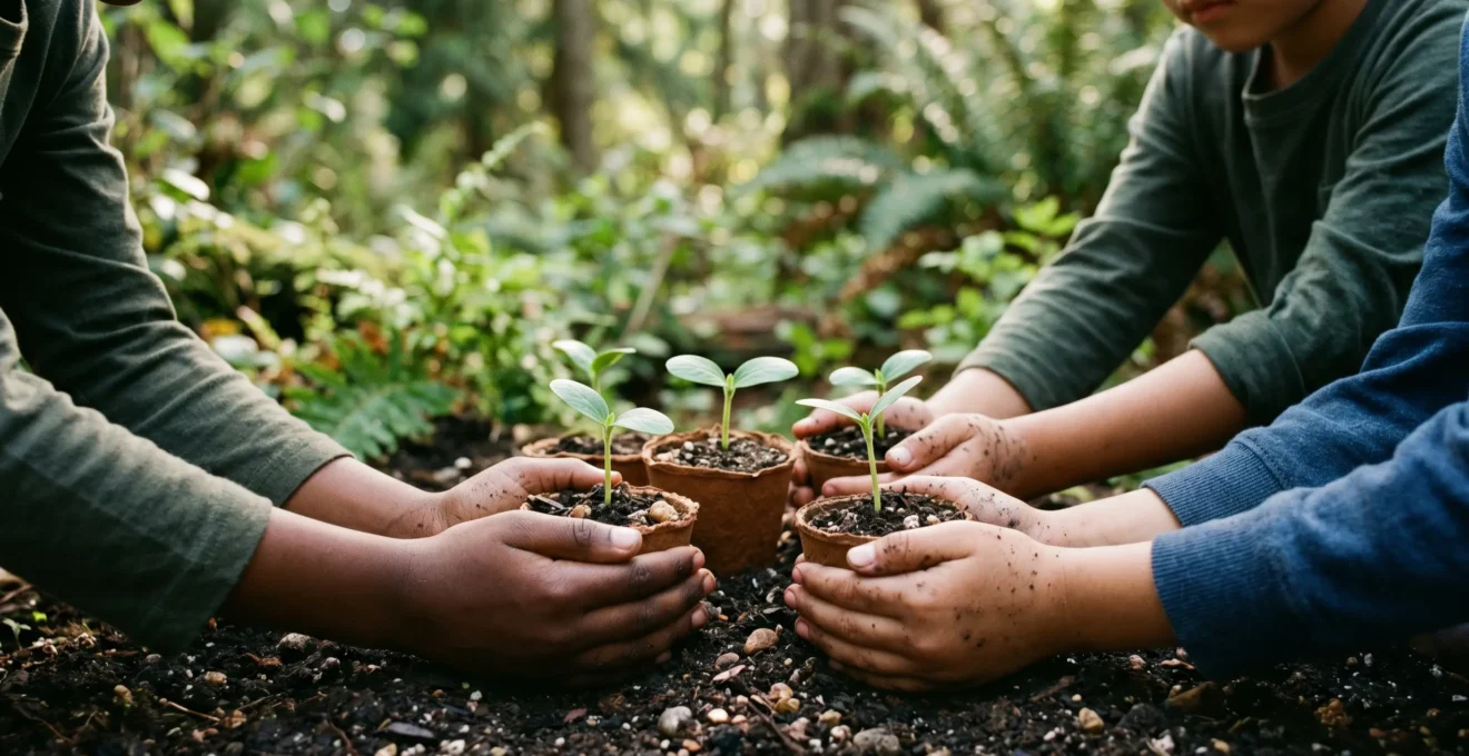 Children engaging in environmental conservation activities outdoors with natural elements