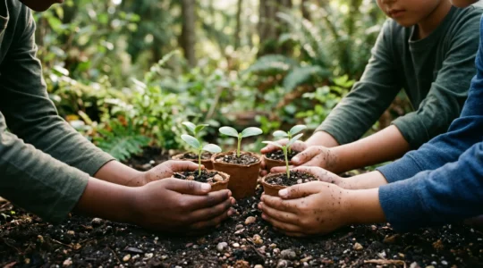 Children engaging in environmental conservation activities outdoors with natural elements