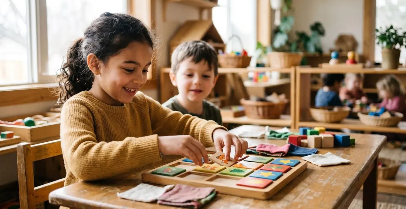 Children engaged in playful memory activity with colorful objects in a warm learning environment