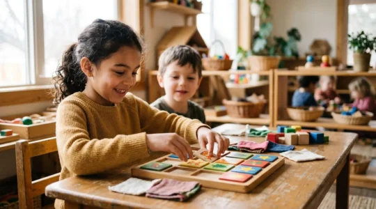 Children engaged in playful memory activity with colorful objects in a warm learning environment