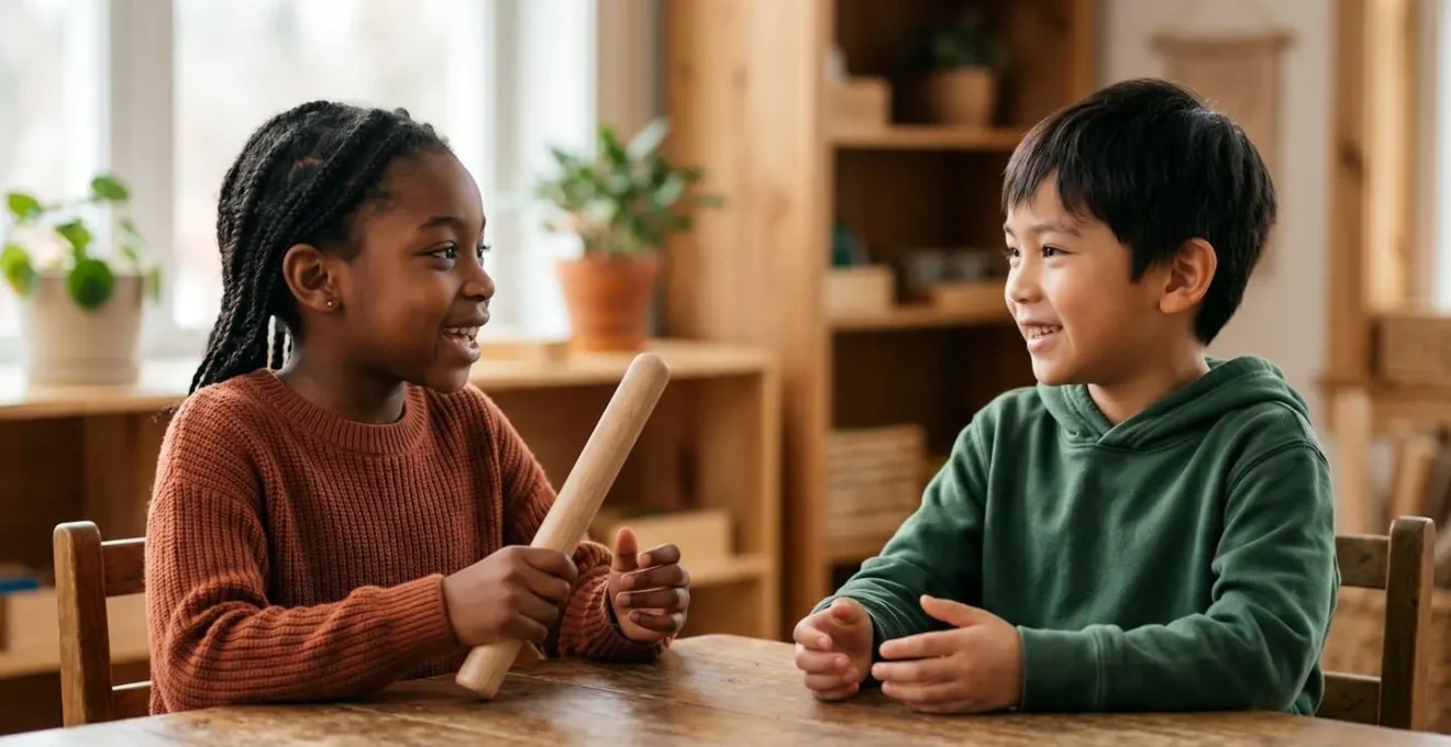 Children engaged in interactive role-play activity learning conversation skills in a safe learning environment