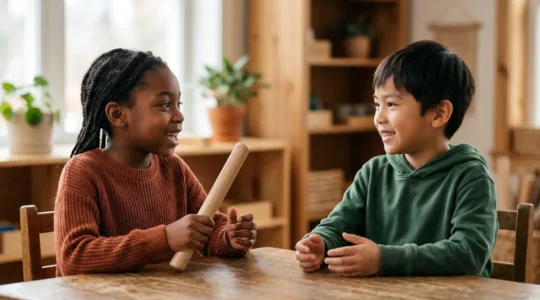Children engaged in interactive role-play activity learning conversation skills in a safe learning environment