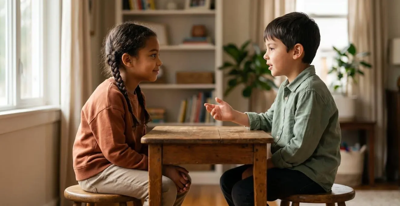 Two children engaged in calm discussion and problem-solving together, demonstrating independent conflict resolution skills