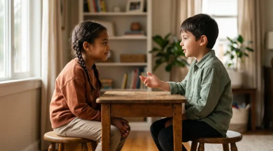 Two children engaged in calm discussion and problem-solving together, demonstrating independent conflict resolution skills