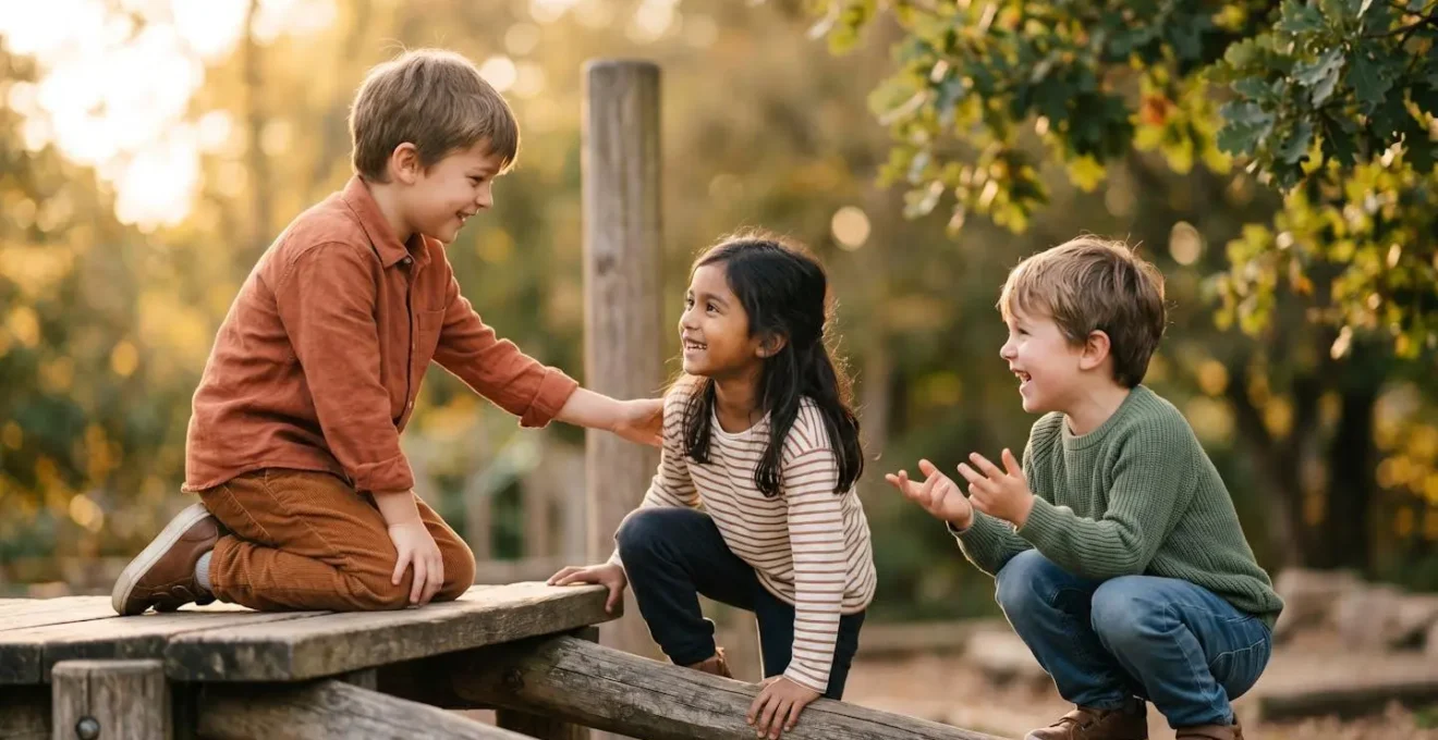 Children engaged in collaborative play demonstrating positive social interaction and friendship development