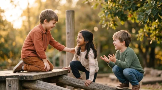 Children engaged in collaborative play demonstrating positive social interaction and friendship development