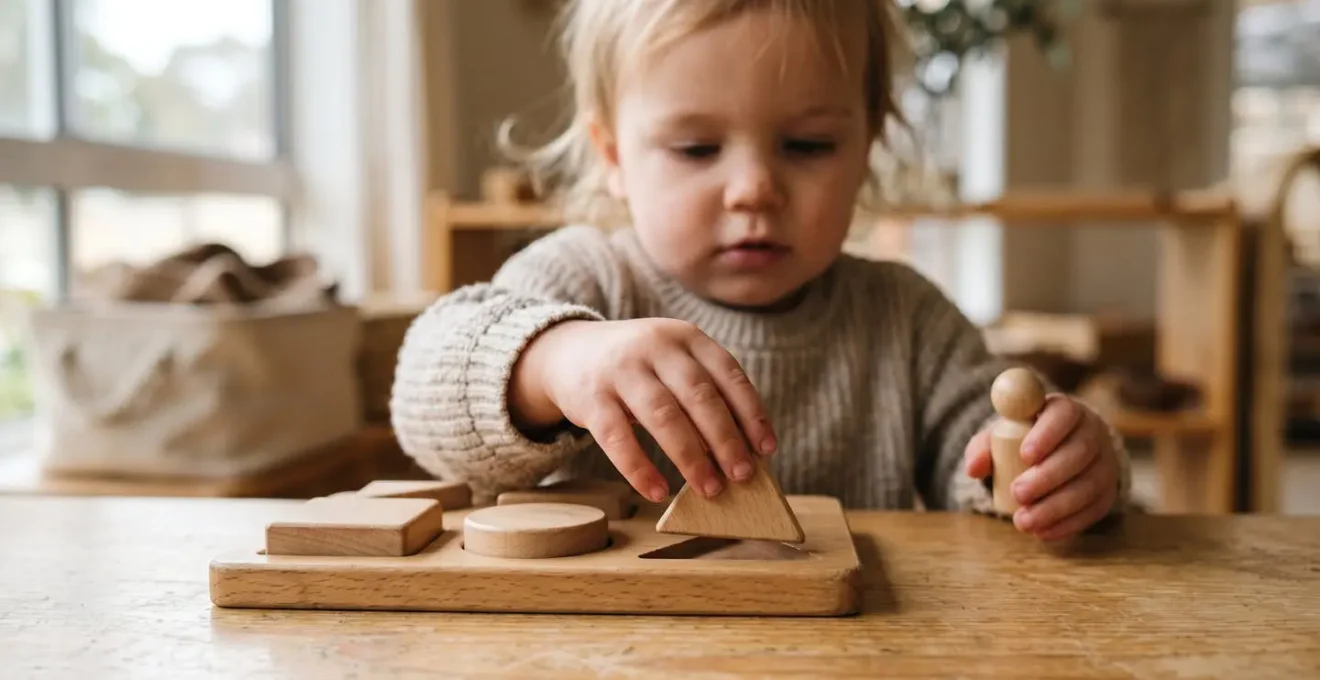 Young child's hands exploring wooden educational toys demonstrating early cognitive learning through play