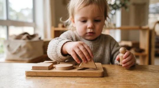 Young child's hands exploring wooden educational toys demonstrating early cognitive learning through play