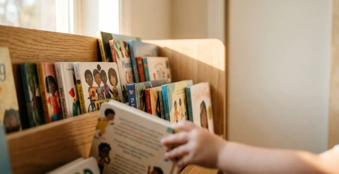 A warm, inviting scene showcasing a diverse collection of children's books on a wooden bookshelf with natural light filtering through