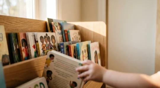 A warm, inviting scene showcasing a diverse collection of children's books on a wooden bookshelf with natural light filtering through