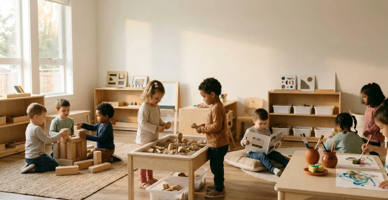 Young children engaged in diverse developmental activities representing the seven EYFS learning areas in a warm, inviting early years setting