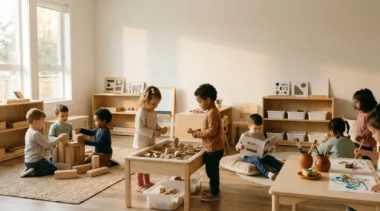 Young children engaged in diverse developmental activities representing the seven EYFS learning areas in a warm, inviting early years setting