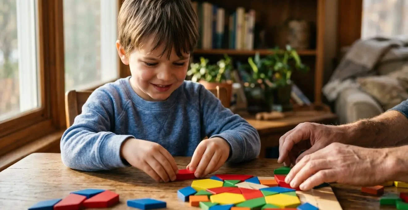 Child engaged in colorful logic puzzle game with parent observing, natural home environment emphasizing playful learning atmosphere