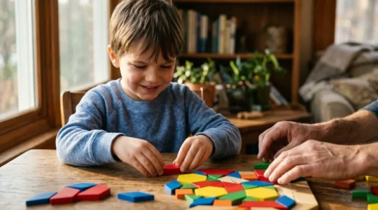 Child engaged in colorful logic puzzle game with parent observing, natural home environment emphasizing playful learning atmosphere