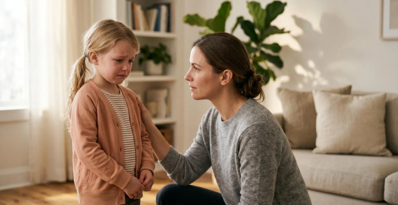 Parent kneeling at child's eye level, offering calm presence during emotional moment