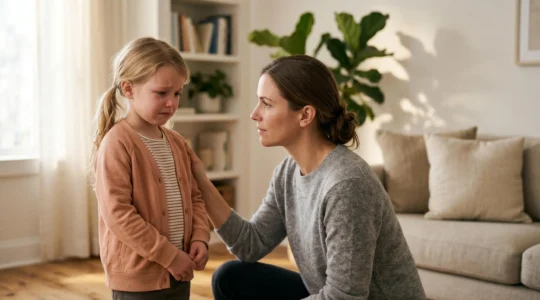 Parent kneeling at child's eye level, offering calm presence during emotional moment