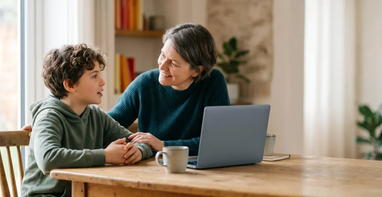 Warm family moment showing parent and child having a meaningful conversation about digital safety