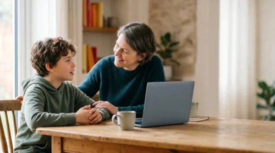 Warm family moment showing parent and child having a meaningful conversation about digital safety