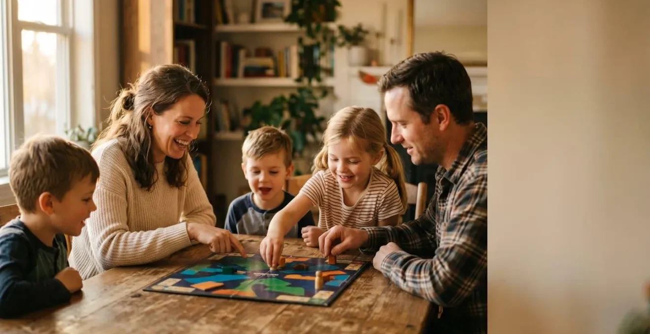 A warm family gathering around a board game at a wooden table during golden hour, capturing authentic joy and engagement in learning through play