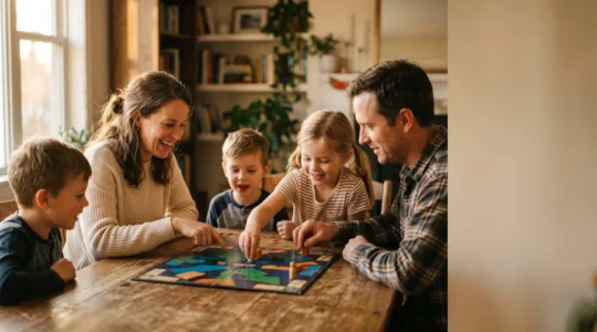 A warm family gathering around a board game at a wooden table during golden hour, capturing authentic joy and engagement in learning through play