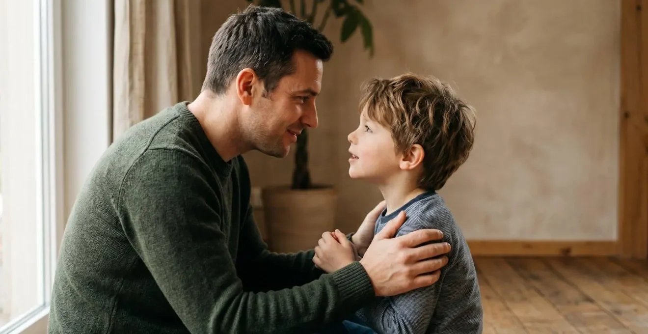 Parent and child engaged in warm emotional connection through eye contact and gentle interaction