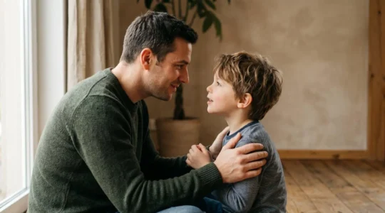 Parent and child engaged in warm emotional connection through eye contact and gentle interaction