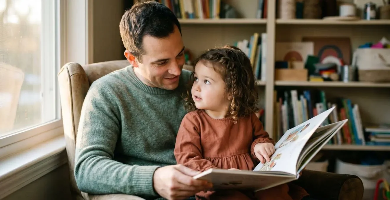 Parent and young child engaged in playful literacy activity at home with books and learning materials