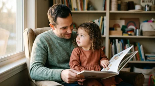 Parent and young child engaged in playful literacy activity at home with books and learning materials