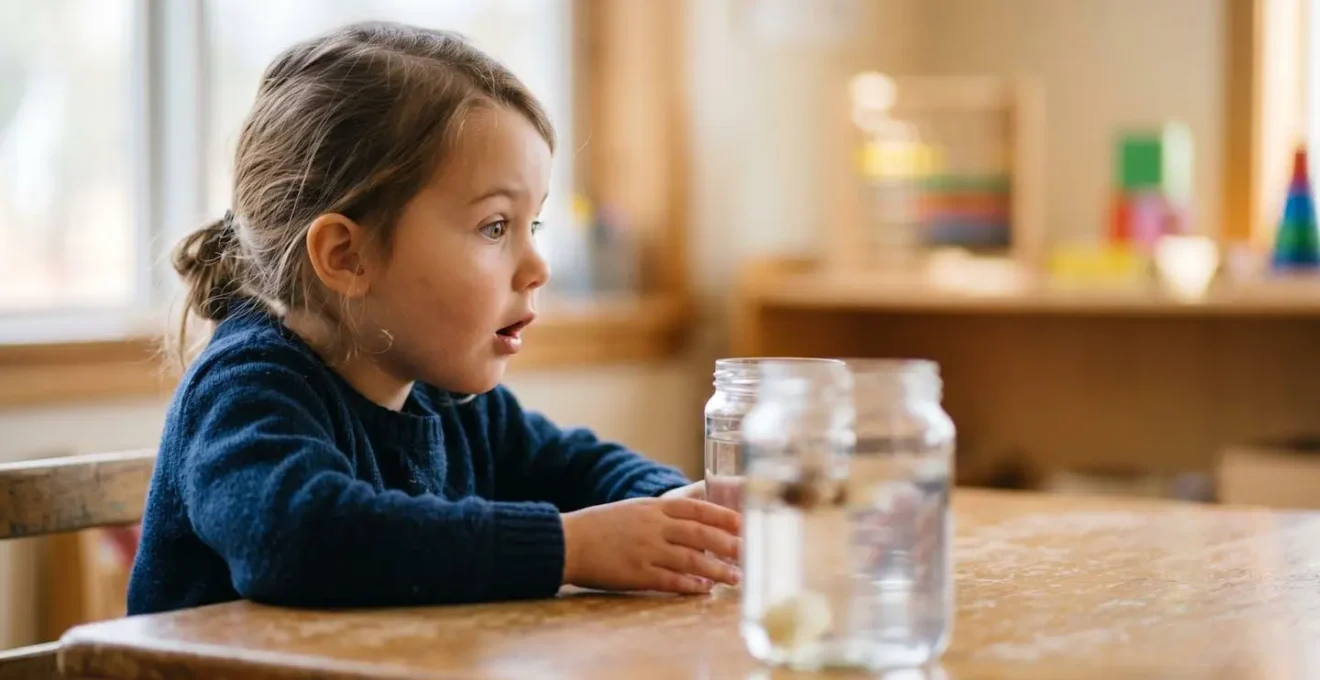 A young child conducting a simple science experiment with everyday objects, exploring curiosity and discovery