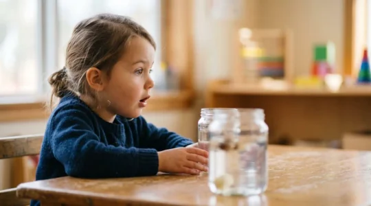 A young child conducting a simple science experiment with everyday objects, exploring curiosity and discovery