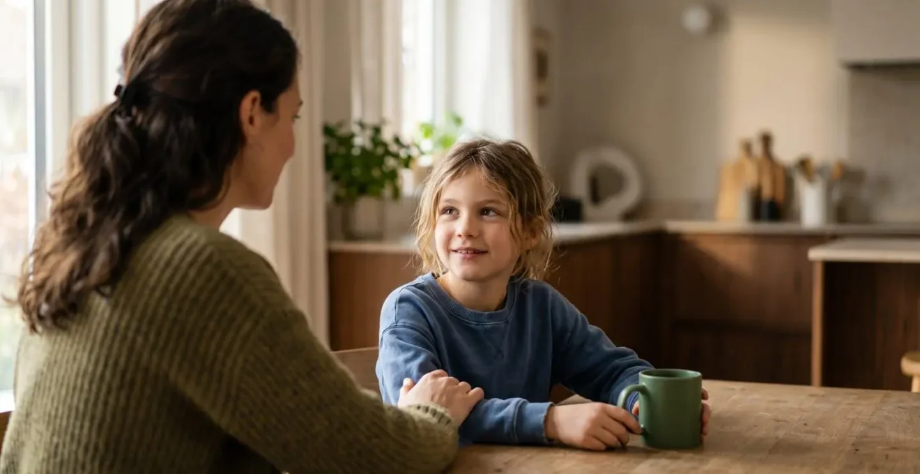 A parent and child engaged in calm, supportive conversation in natural home environment
