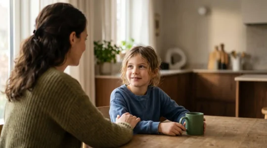 A parent and child engaged in calm, supportive conversation in natural home environment