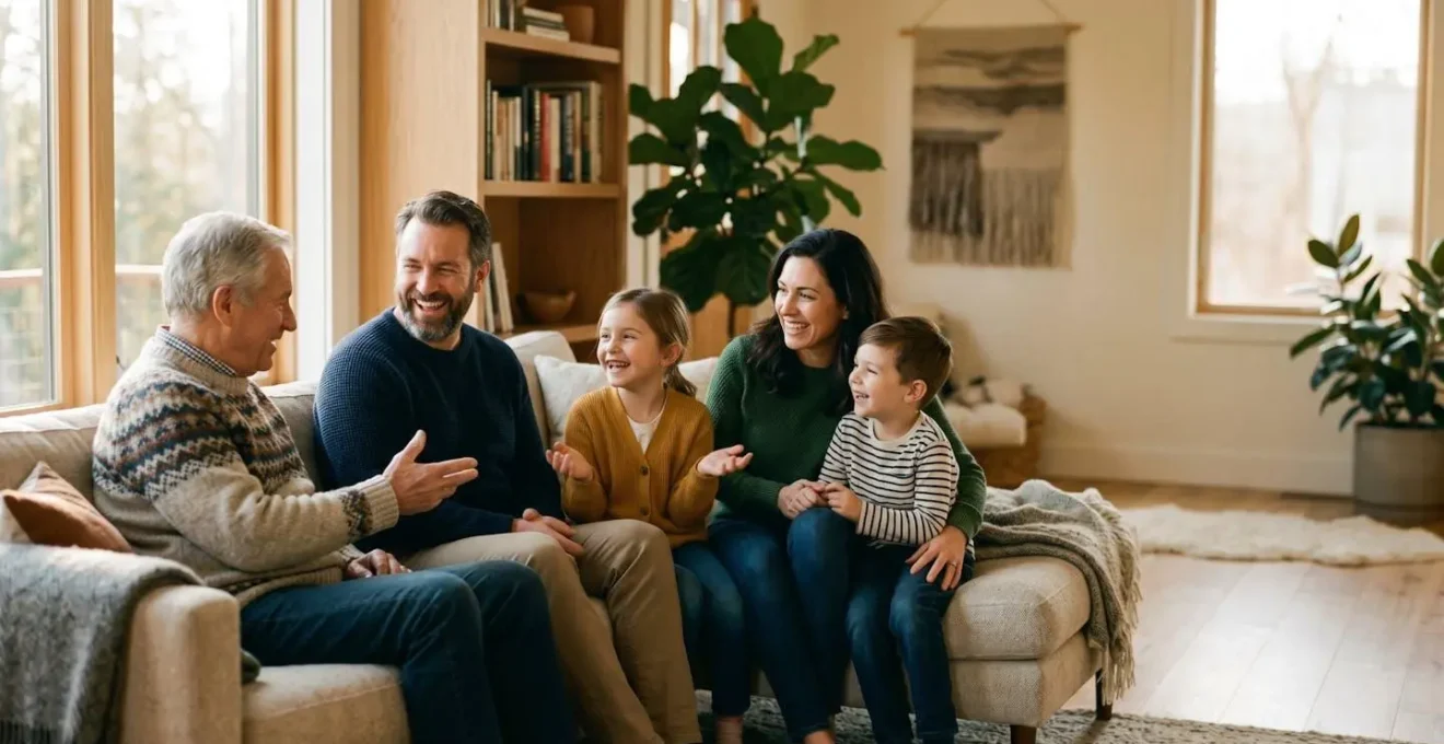 A family gathering in a warmly lit living room during golden hour, with parents and children engaged in face-to-face conversation and connection, devices purposefully absent from the scene