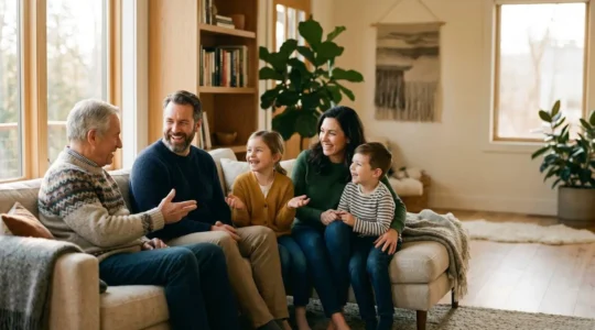 A family gathering in a warmly lit living room during golden hour, with parents and children engaged in face-to-face conversation and connection, devices purposefully absent from the scene