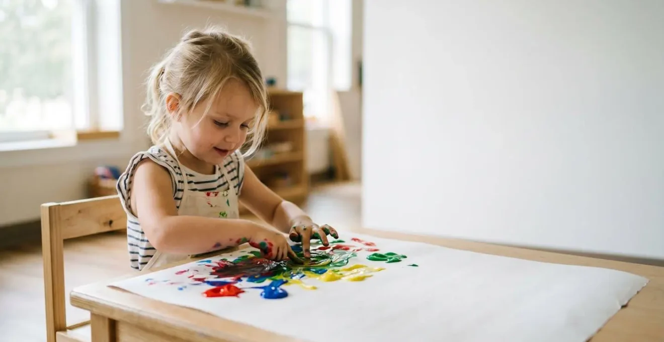 Young child engaged in creative art activity developing fine motor skills through hands-on messy play